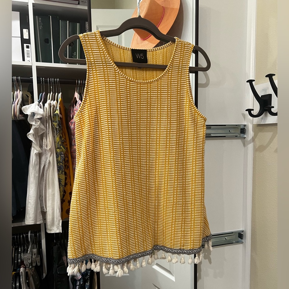 W5 Mustard Yellow Striped Tassle Hem Tank Top